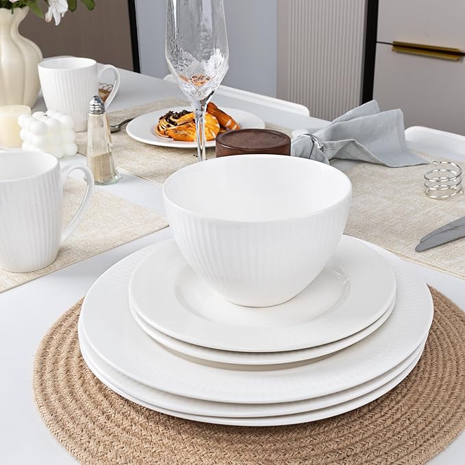 16 Piece Porcelain Dinnerware Sets for 4, White Plates and Bowls Sets with Mugs, Dishwasher and Microwave Safe - Embossed Stripe Decro, Elegant Kitchen Dish Sets, QOMO-1996