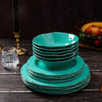 18-Piece Farmhouse Melamine Dinnerware Set - Shatterproof, Lightweight, and Durable Outdoor Dining Plates, Bowls, and Serving Dishes for Everyday Use, Camping, and Picnics, Light Green