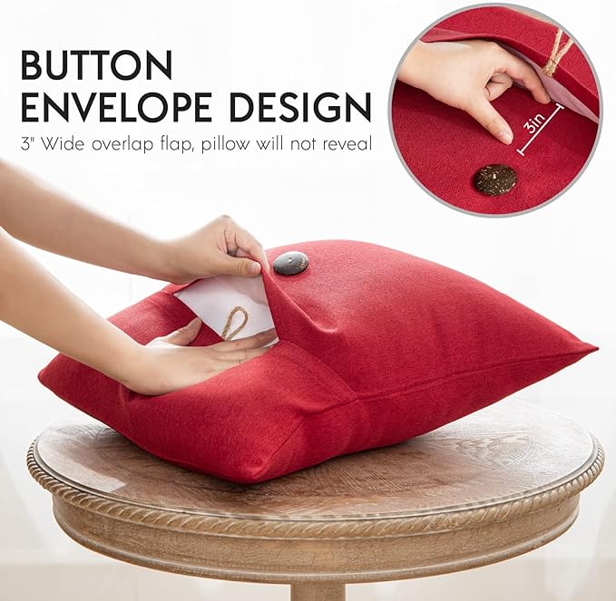 Phantoscope Pack of 2 Farmhouse Throw Pillow Covers Premium Coconut Button Vintage Linen Solid Decorative Pillow Cover for Couch Bed and Chair Red 18 x 18 inches 45 x 45 cm