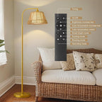 Oneach Arc Floor Lamp for Living Room with 3 Color Temperatures, Farmhouse Floor Lamps with Remote & Dimmable Bulb, Rattan Boho Floor Lamp with Hand-Woven Wicker & Fabric Shade