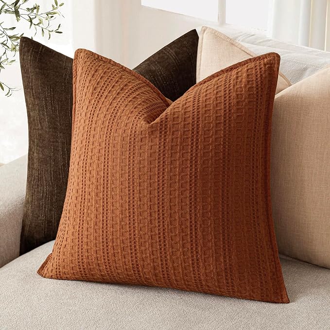 Foindtower Set of 2 Decorative Cotton Waffle Weave Throw Pillow Covers Euro Shams Cushion Covers Accent European Pillowcase for Bed Couch Sofa Bedroom Living Room Home Decor 24×24 Inch Burnt Orange