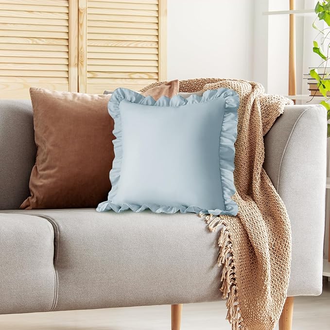 KKJIAF Ruffle Pillow Cases 24x24 Inches, Dusty Blue Square Ruffled Pillow Covers Set of 2, Microfiber Wrinkle Resistant Pillow Shams with Envelope Closure for Sofa Bed Living Room