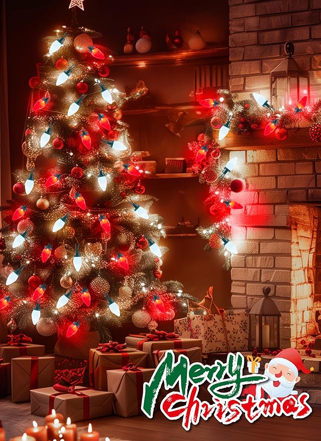 C9 Christmas Lights Outdoor, 50Feet Strawberry Waterproof String Lights with 50 Bulbs, Connectable Waterproof Lights for Holiday Party Roofline Backyard Garden Patio, Green Wire(Red & Pure White)