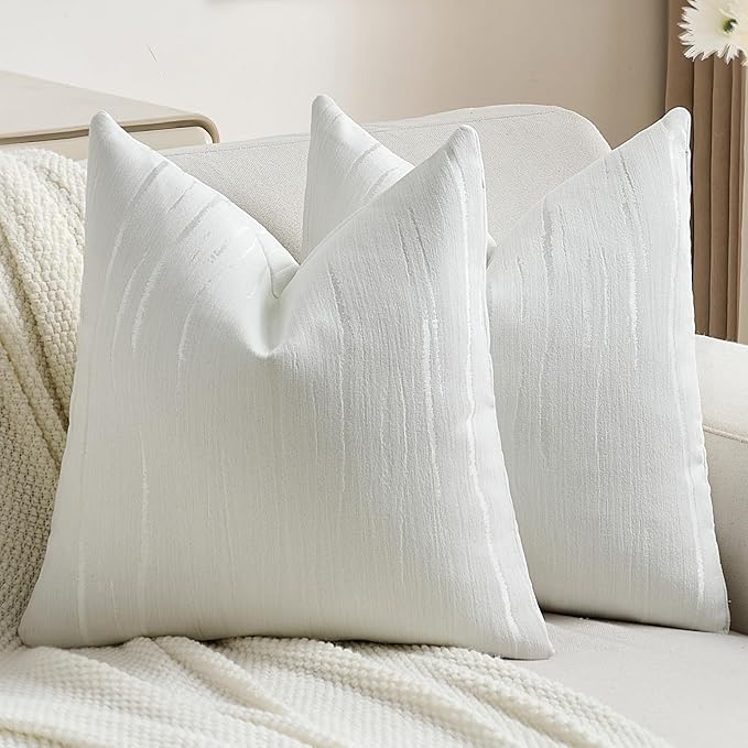 FUTEI White Chenille Decorative Throw Pillow Covers 16x16 Inch Set of 2,Soft Embossed Striped Textured Cushion Case,Modern Home Decor for Couch Bed Living Room