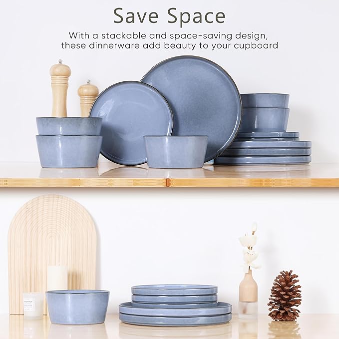 Herogo Dinnerware Sets with Pasta Bowls for 4, 16 Piece Dinner Salad Plates and Cereal Serving Bowls, Stoneware Dishes Dinner Ware for Home Kitchen, Dishwasher & Microwave Safe, Haze Blue