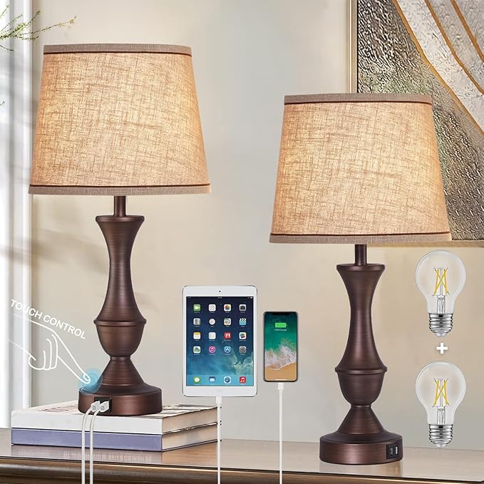 Touch Table Lamps Set of 2, 22" Tall Bedside Lamps with USB C+A Ports, 3-Way Dimmable Table Lamp, Nightstand lamps for Bedroom, Living Room, Office, Brown Lamps with Beige Lampshade, Bulbs Included