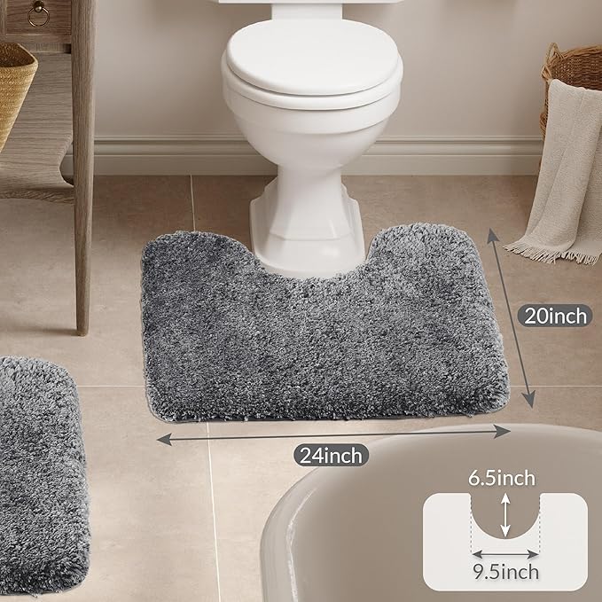 Walensee Contour Rug (20x24, Dark Grey) Non Slip Bath Mat for Bathroom - Water Absorbent Soft Microfiber Shaggy Mat, Machine Washable, U Shape