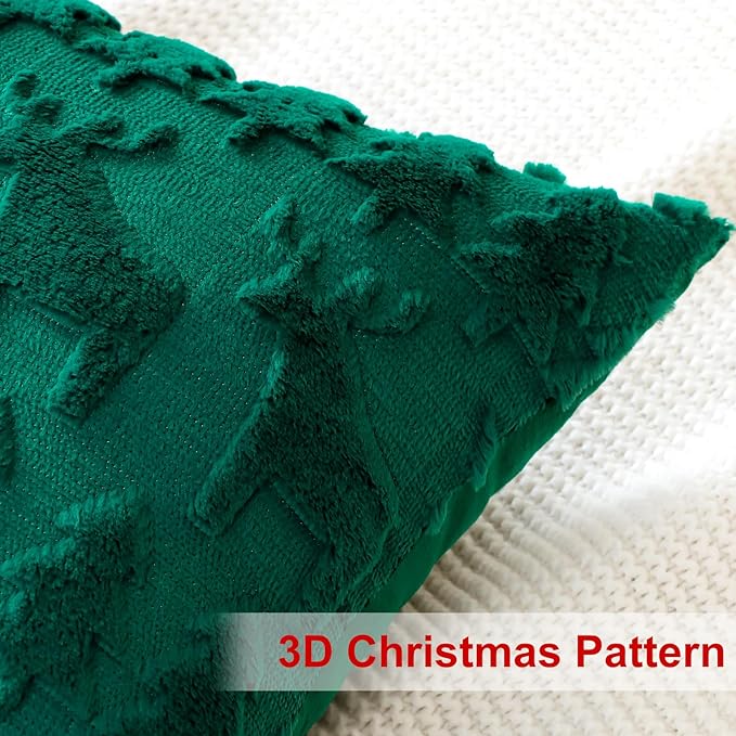 OTOSTAR Set of 2 Xmas Soft Plush Short Wool Velvet Decorative Throw Pillow Covers Rectangular Luxury Style Cushion Case Pillow Shell for Sofa Bedroom Christmas Tree and Elk Green, 12x20 Inch