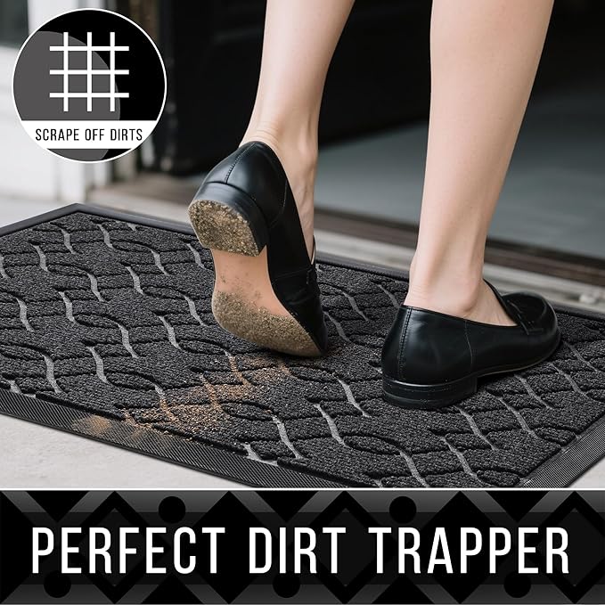Yimobra Outdoor Mats for Front Door 29.5x17, All-Season Waterproof Doormat Outdoor Entrance, Heavy Duty Non-Slip Outside Door Mat for Garage Patio Proch Entryway Indoor, Black Grey