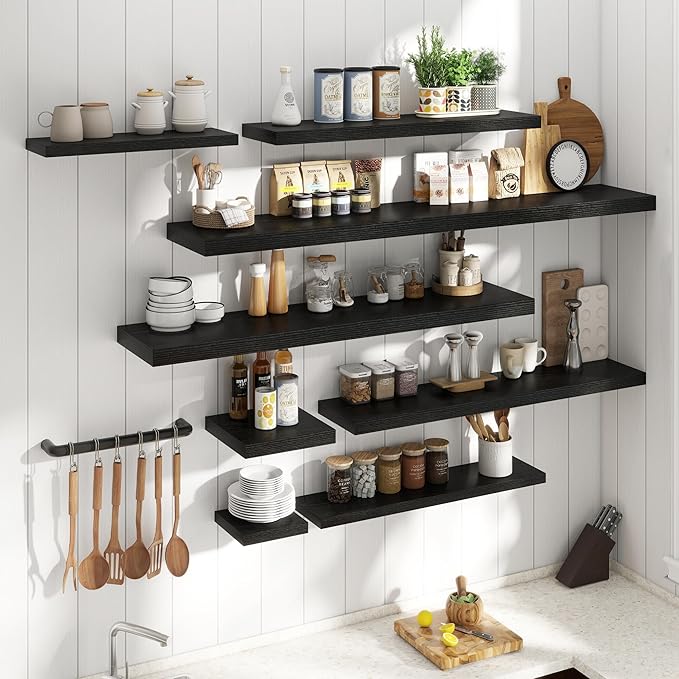 Floating Shelves for Wall with Invisible Brackets, Wall Mounted Engineered Wood Shelves with Wood Grain for Living Room, Bedroom, Bathroom, Kitchen Decor and Storage, Oak, 48"L Set of 2, Black