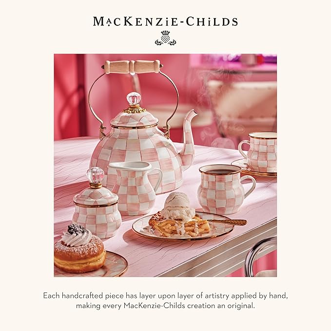 MACKENZIE-CHILDS Enamel Spoon Rest, Kitchen Spoon Holder and Utensil Rest for Stovetop, Pink-and-White Rosy Check