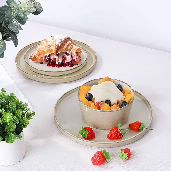 Herogo Stoneware Plates and Bowls Sets for 4, 12 Pieces Modern Dinnerware, Reactive Glaze Dishes Set for Kitchen, Chip Resistant, Microwave & Dishwasher Safe, Cream Khaki
