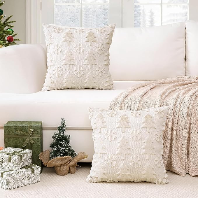 OTOSTAR Set of 2 Xmas Soft Plush Short Wool Velvet Decorative Throw Pillow Covers Square Luxury Style Cushion Case Pillow Shell for Sofa Bedroom Tree and Snowflake Cream Beige, 22x22 Inch
