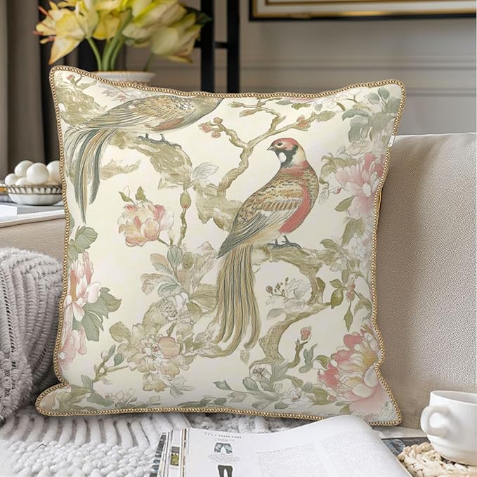 Vintage Bird Floral Soft Velvet Throw Pillow Covers Set of 2 Cream Chinoiserie Flowers Leaves Decorative Pillow Covers 20x20 Inch Retro Farmhouse Pillow Case With Gold Trim For Sofa Couch Home Decor