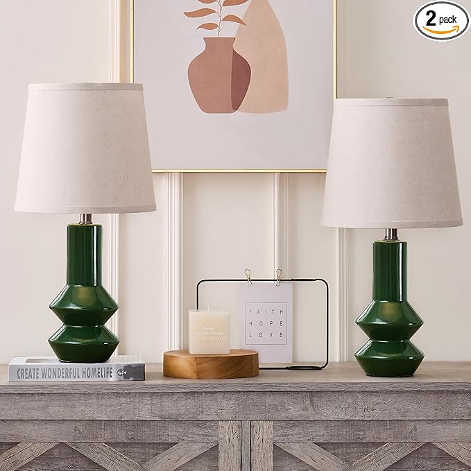 20" Green Ceramic Table Lamp Set of 2-3-Way Dimmable Nightstand Lamps with Pallid Shade for Bedroom Farmhouse Bedside Nightstand Bedside Lamp End Table Lamps (Dark Green)