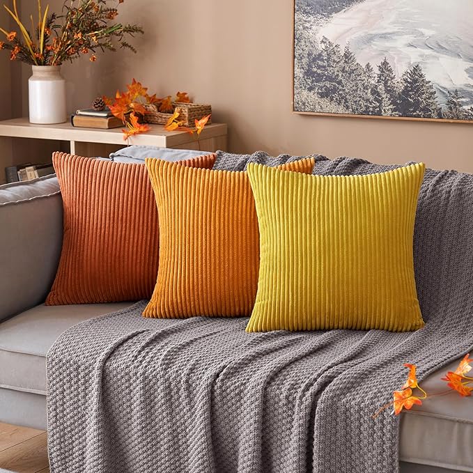 MIULEE Pack of 2 Burnt Orange Pillow Covers 24x24 Inch Soft Boho Striped Corduroy Throw Pillow Covers Set Decorative Square Cushion Cases Pillowcases for Sofa Bedroom Couch
