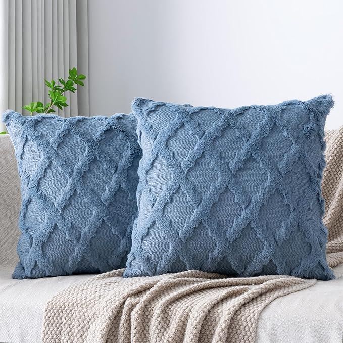 Set of 2 Soft Moroccan Throw Pillow Covers 24x24 Inch Plush Boho Decorative Pillow Cover Accent Cushion Case for Couch Sofa Bed, Grey Blue
