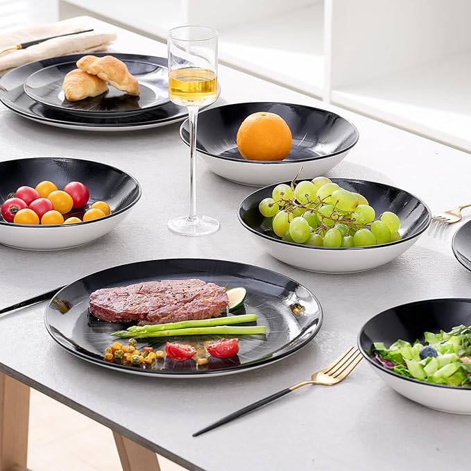 Bestone Porcelain Dinnerware Sets Service for 4, 12 pcs Hand drawn Plates and Bowls Sets, Handmade Ceramic Dish Set, Chip Resistant Modern Plate Set, Dishwasher/Microwave Safe，Black