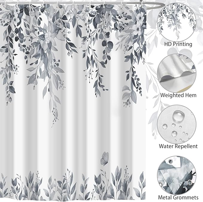 Eucalyptus Shower Curtain, Blue Grey Watercolor Leaves with Floral Botanical Bathroom Decor, Waterproof Fabric Bath Curtain Set with Hooks, 72x84 Inches