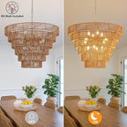 31.49" Large Rattan Chandelier Vintage Farmhouse 12-Lights Boho Hand-Woven Bamboo Chandeliers Light Fixture Rustic Wicker Rattan Golden Chandelier for Dining Room, Kitchen, Living Room, E12