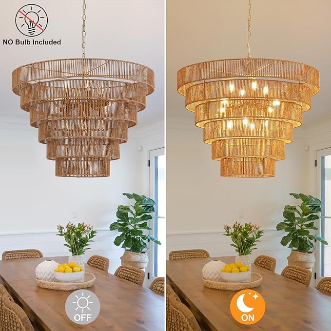 31.49" Large Rattan Chandelier Vintage Farmhouse 12-Lights Boho Hand-Woven Bamboo Chandeliers Light Fixture Rustic Wicker Rattan Golden Chandelier for Dining Room, Kitchen, Living Room, E12