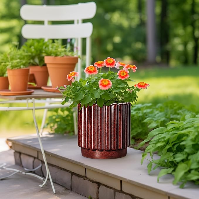 Ceramic Flower Pots - 9.6 Inch Ceramic Pots for Plants Indoor, Large Decorative Plant Pot with Drainage Hole, Fluted Round Planter for Outdoor Plants, Home Decor, Gardening Gifts, Red