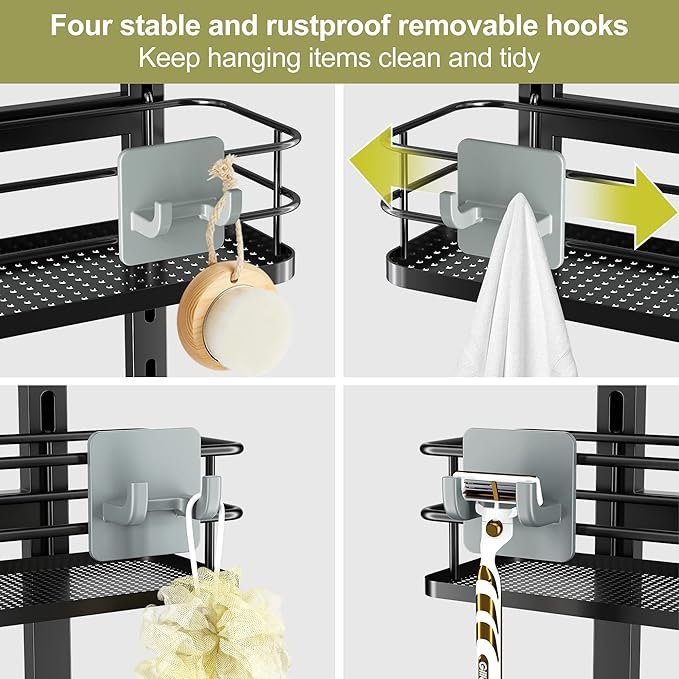 Orimade Adjustable Hanging Over the Shower Door Caddy,Bathroom Organizer Shelf Storage with 4 Hooks for Razor,No Drilling Rustproof Shower Rack Basket, 4 Tier, Matt Black