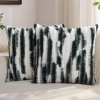 FUTEI Black Decorative Throw Pillow Covers 18x18 Inch Set of 2, Soft Tie-Dye Faux Rabbit Fur Striped Texture Cushion Case, Modern Home Decor for Couch Bed Living Room