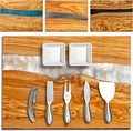 Handcrafted Italian Olive Wood Cheese & Charcuterie Board Set with Unique White Pearl Resin Artwork - Cutting Board Comes with 4 Cheese Knives, 2 Dipping Bowls & Corkscrew Wine Opener (White Pearl)