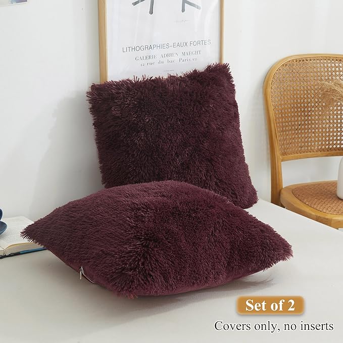 XeGe Faux Fur Throw Pillow Covers, Shaggy Fluffy Cushion Covers, Plush Furry Pillow Cases, Fuzzy Decorative Pillow Shams with Zipper Set of 2 for Sofa Bed Couch Living Room (18''x18'', Burgundy)