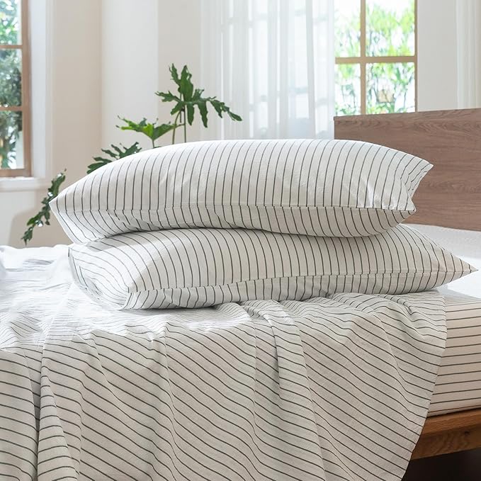 MooMee Striped Duvet Cover Set 100% Washed Cotton Linen Like Textured Breathable Durable Soft Comfy (White Heathered Green Wide Stripes, Oversized Full 82"x86")