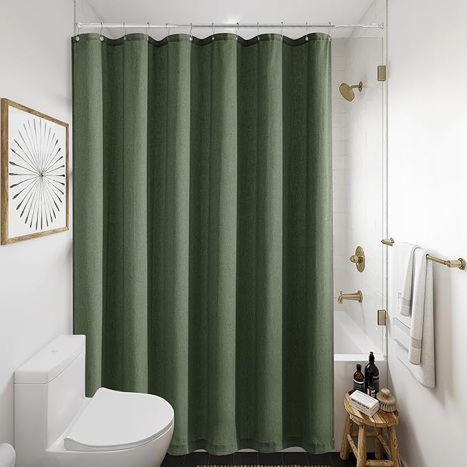 75 Inch Bathroom Shower Curtain Olive Green Boho Farmhouse Vintage Rustic Country Shower Curtains for Bathroom Linen Textured Water Repellent Fabric Drapes with Hooks Sets 72x75 Inches Long