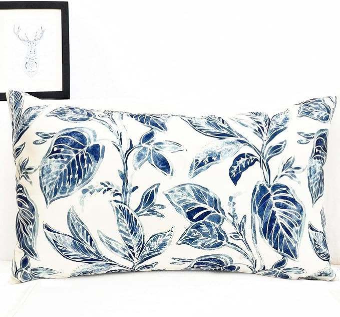 Decorative Throw Pillow Covers Set of 2 Blue Leaves Pillow Covers 12x20 inch Super Soft Short Plush Square Floral Throw Pillows,Farmhouse Outdoor Pillow Covers for Couch Bed Living Room