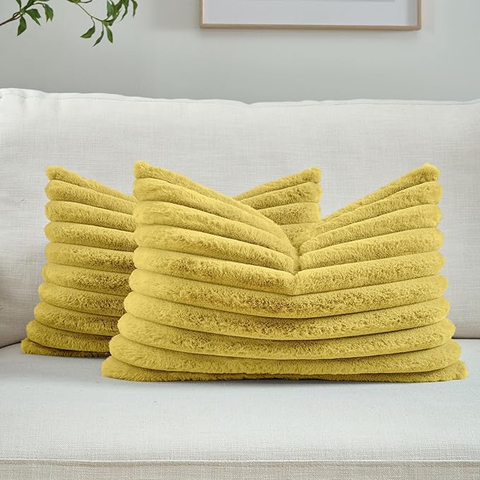 FUTEI Mustard Yellow Striped Decorative Throw Pillow Covers 12x20 Inch Set of 2,Rectangle Winter Decorations Couch Lumbar Pillowcase,Soft Cozy Faux Rabbit Fur & Velvet Back,Modern Home Decor for Bed