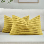FUTEI Mustard Yellow Striped Decorative Throw Pillow Covers 12x20 Inch Set of 2,Rectangle Winter Decorations Couch Lumbar Pillowcase,Soft Cozy Faux Rabbit Fur & Velvet Back,Modern Home Decor for Bed