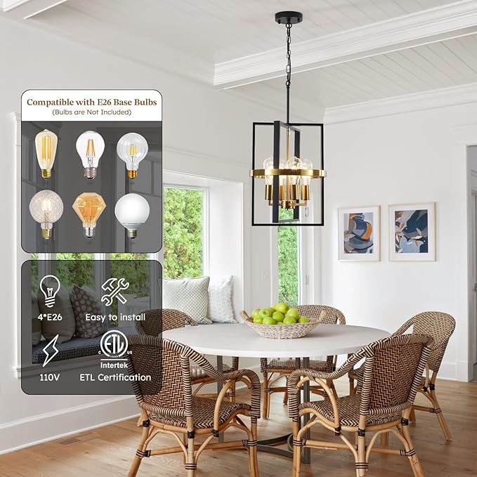 Small Black and Gold Chandelier for Dining Room, 4-Light Modern Pendant Lights Adjustable Geometric Industrial Rustic Foyer Lighting Fixtures for Entryway Living Room Kitchen Island Hallway