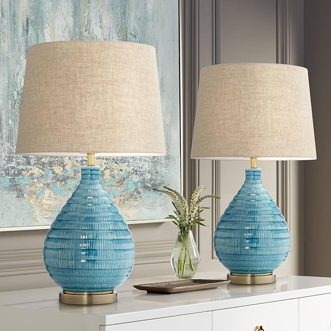 360 Lighting Kayley 24" High Small Mid Century Modern Coastal Table Lamps Set of 2 Blue Ceramic Linen Shade Living Room Bedroom Bedside Nightstand House Office Home Reading Kitchen Entryway Console