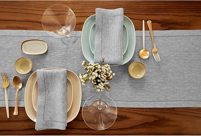 Solino Home Linen Table Runner 120 Inches Long - Milan Hemstitch 100% Pure Linen Oyster Grey Dining Table Runner 14 x 120 Inch for Fall, Autumn, Thanksgiving, Christmas, Holiday