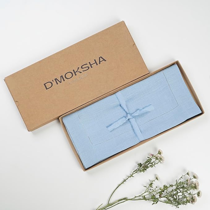 D'Moksha Homes Linen Powder Blue Table Runner 108 Inches Long - 100% Pure Linen 14 x 108 Inch Table Runner for Fall, Autumn and Halloween - Classic Hemstitch