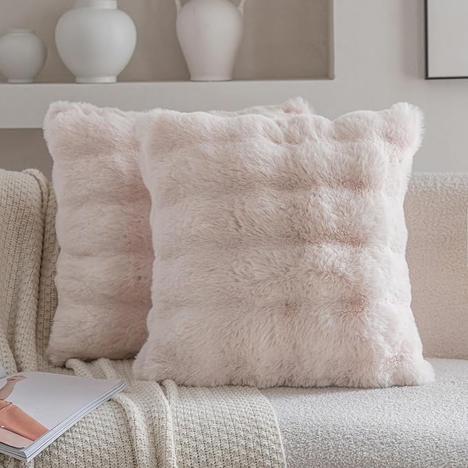 Neelvin Beige Faux Fur Cozy Soft Double-Sided Decorative Throw Pillow Covers 24x24 inch Set of 2,Velvet Pillowcase Cushion Case for Sofa Couch