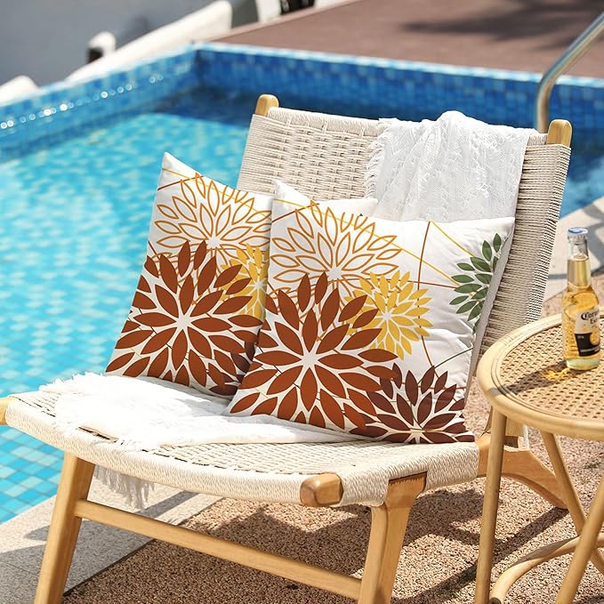 Brown and Yellow Floral Pillow Covers 20x20 Set of 2 Outdoor Waterproof Decorative Throw Pillows Summer Pillow Covers Polyester Cushion Case Decor for Couch Patio Funiture Garden Porch 011E20