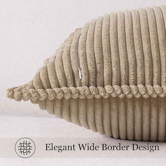 Mecatny Corduroy Throw Pillow Covers 20x20 Set of 2, Neutral Decorative Soft Boho Couch Pillow Covers with Broadside for Sofa Living Room, Khaki