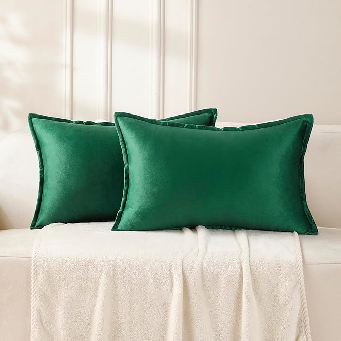 VAKADO Throw Pillow Covers 12x20 Set of 2 Dark Green Christmas Velvet Decor Decorative Couch Cushion Euro Xmas Pillowcases with Fringe Home Bed Decoration for Sofa Bedroom Office