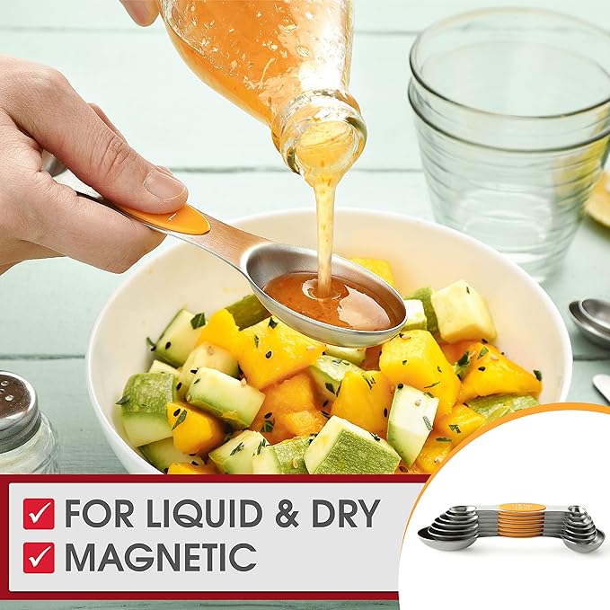 Spring Chef Magnetic Measuring Spoons Set, Dual Sided, Stainless Steel, Fits in Spice Jars, Mango, Set of 8, 2 Pack