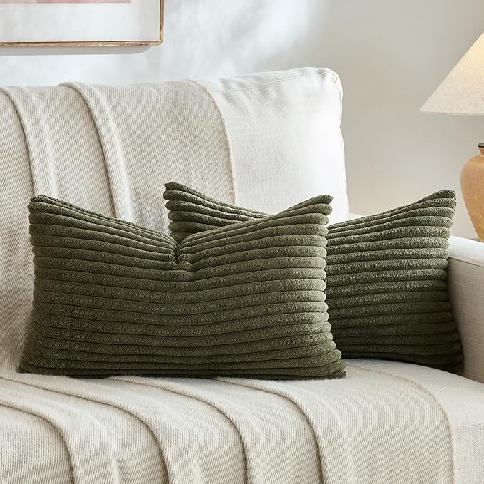 Fancy Homi Set of 2 Olive Green Lumbar Rectangle Decorative Throw Pillow Covers 12x20 Inch for Couch Bed Chair, Aesthetic Boho Room Decor, Soft Fuzzy Thick Corduroy Cute Textured Cushion Case 30x50cm