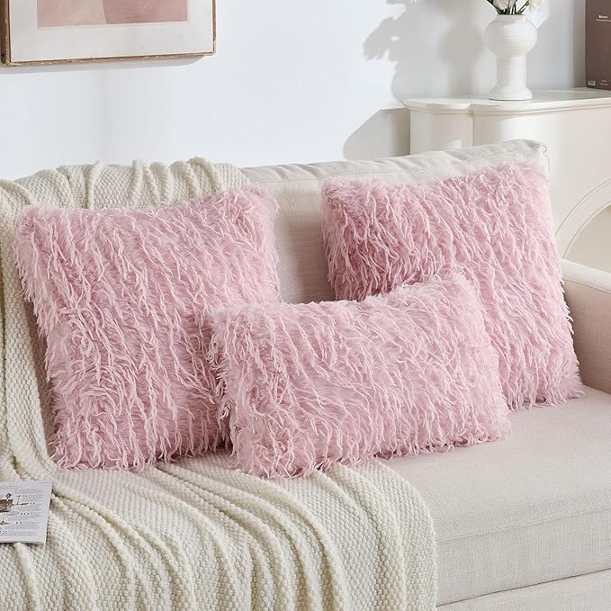 FUTEI Pink Decorative Throw Pillow Covers 26x26 Inch Set of 2,Soft Fluffy Faux Feather Texture Euro Pillow Shams,Modern Home Luxury Decor for Couch Bed Living Room
