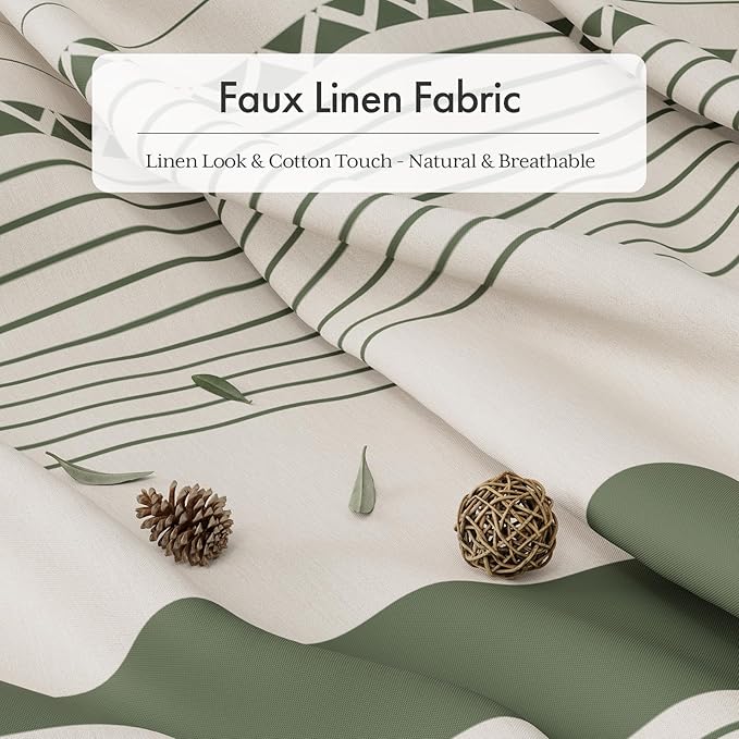 AmazerBath Boho Shower Curtain, Modern Farmhouse Shower Curtain Set with Tassels, Rustic Faux Linen Green Striped Shower Curtain with Hooks, Light Tan Toned, 72x72 Inches