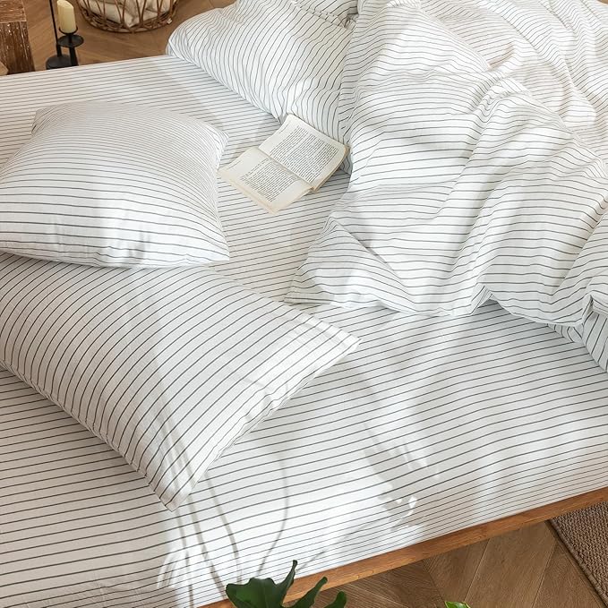 MooMee Striped Duvet Cover Set 100% Washed Cotton Linen Like Textured Breathable Durable Soft Comfy (White Heathered Green Wide Stripes, Oversized Full 82"x86")