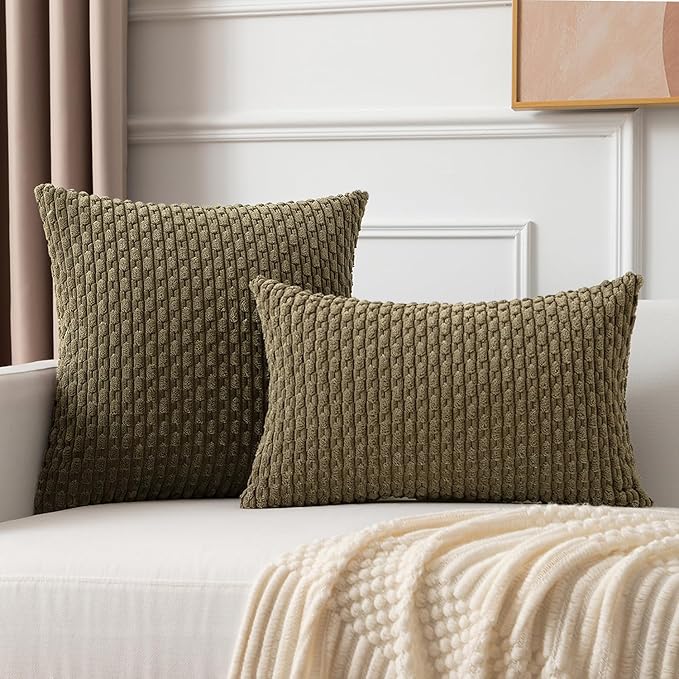 Kevin Textile Pack of 2 Corduroy Decorative Throw Pillow Covers 12x20 Inch Soft Boho Striped Pillow Covers Modern Farmhouse Home Decor for Sofa Living Room Couch Bed Olive Green