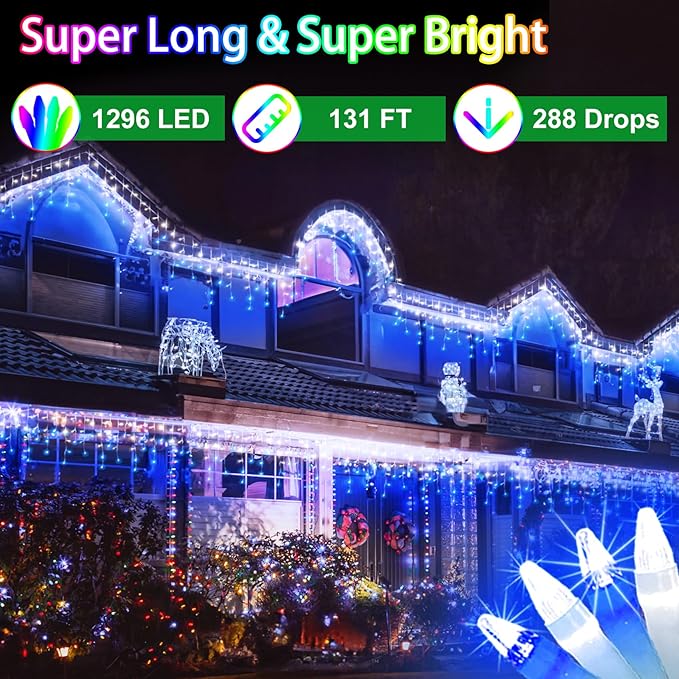 1296 LED 131FT Christmas Lights 288 Drops, Outdoor Hanging light with 8 Modes Timer, Plug in Curtain String Light Outdoor Waterproof for House Tree Holiday Wedding Party Outside Decor (Blue & White)